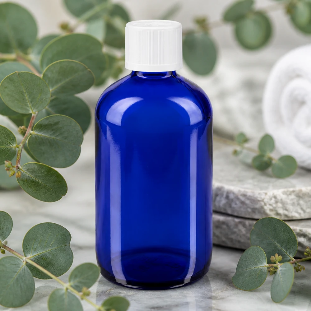 Apothekenflasche blau 100ml Tropfverschluss weiß Kindersicherung Standard Blaue Rundschulterflasche 100ml Glas mit weißem Sicherheitsverschluss für Naturkosmetik geeignet