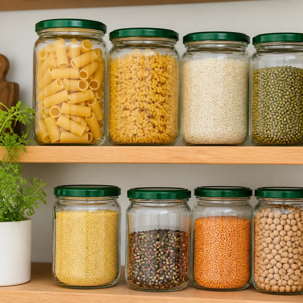 555ml Rundglas + BasicSeal Deckel grün UNiTWIST 8 befüllte 555ml UNiTWIST Rundgläser grüner BasicSeal Deckel mit Pasta und Körnerfrüchten auf Holzregal
