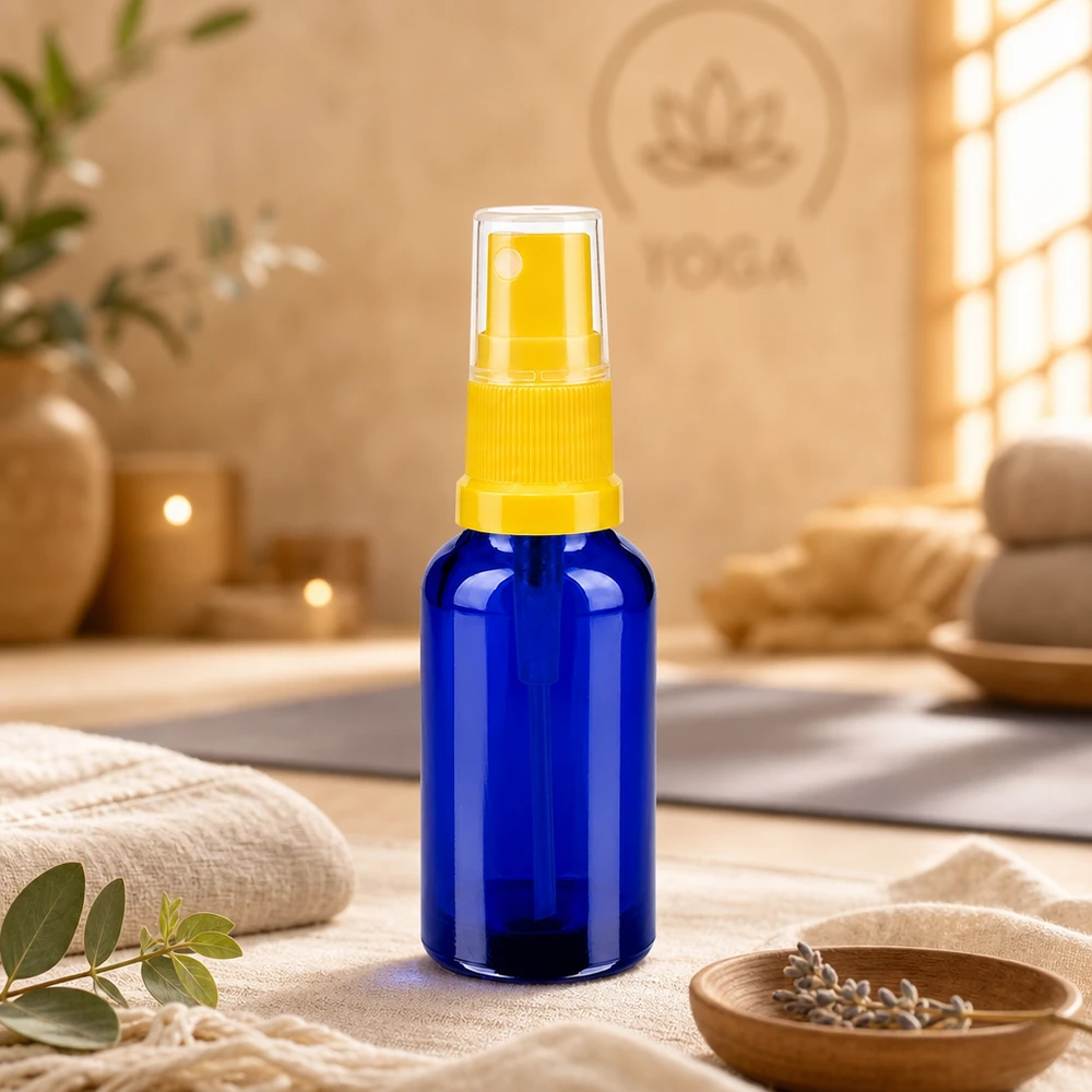 30ml Sprayflasche gelb/transparent Standardverschluss BlueLine UT18/30 Umweltfreundliche 30ml Sprayflasche aus recycelbarem Glas als nachhaltige Verpackungslösung