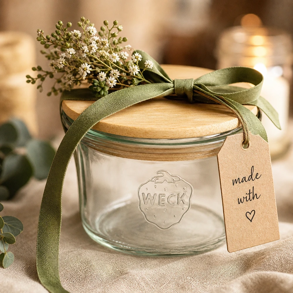 35ml Mini Sturzglas WECK RR40 mit Holzdeckel WECK Mini Sturzglas 35ml mit Holzdeckel als Geschenkidee mit grüner Schleife Blumen und Made with Love Anhänger