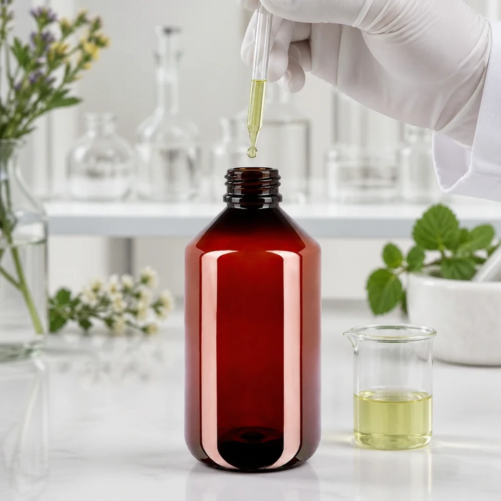 PET Flasche 500ml mit weißem Standard Originalitätsverschluss PET Rundflasche 500ml in Braunglas-Optik mit Sicherheitsverschluss für Laborprodukte