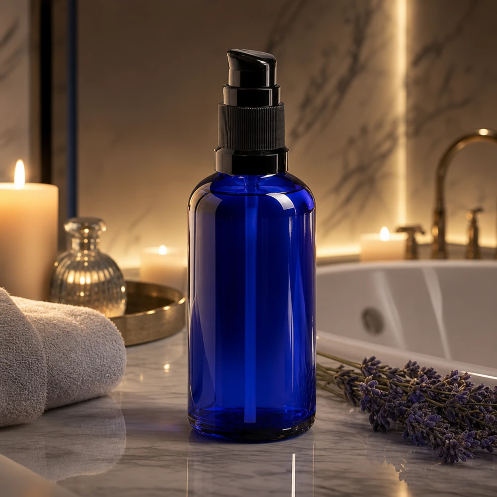 Apothekenflasche blau 50ml PumpVerschluss schwarz Standard Dunkelblaue 50ml Apothekerflasche mit Schwarzpumpe für Lotionen und Essenzen