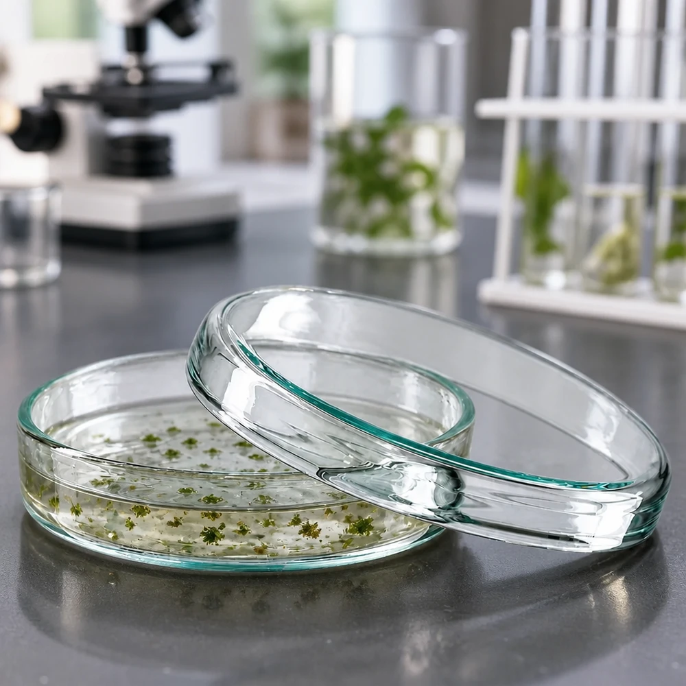 Petrischale 70x15mm Glas Glaspetrischale 70x15mm transparent mit grünen Kulturpflanzen in der In-vitro-Anzucht