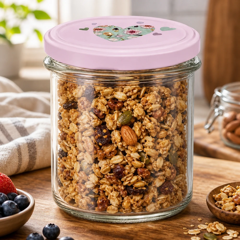 350ml Sturzglas + BasicSeal Deckel Herz rosa UNiTWIST 350ml Sturzglas rosa Herzdeckel gefüllt mit Müsli Nüssen Granola Frühstück gesunde Snacks Vorratshaltung