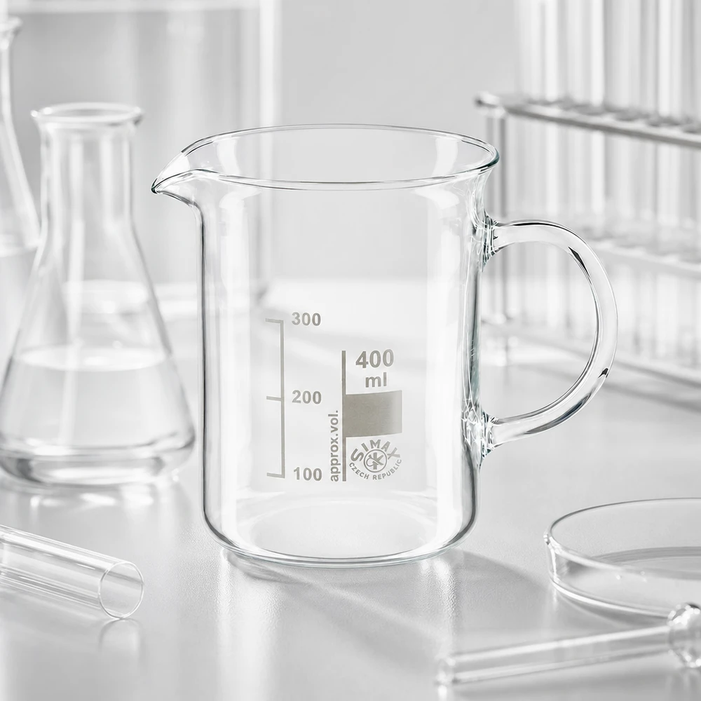 Becherglas 400ml Borosilikatglas, mit Henkel Robustes Becherglas 400ml mit Henkel aus chemikalienbeständigem Borosilikatglas