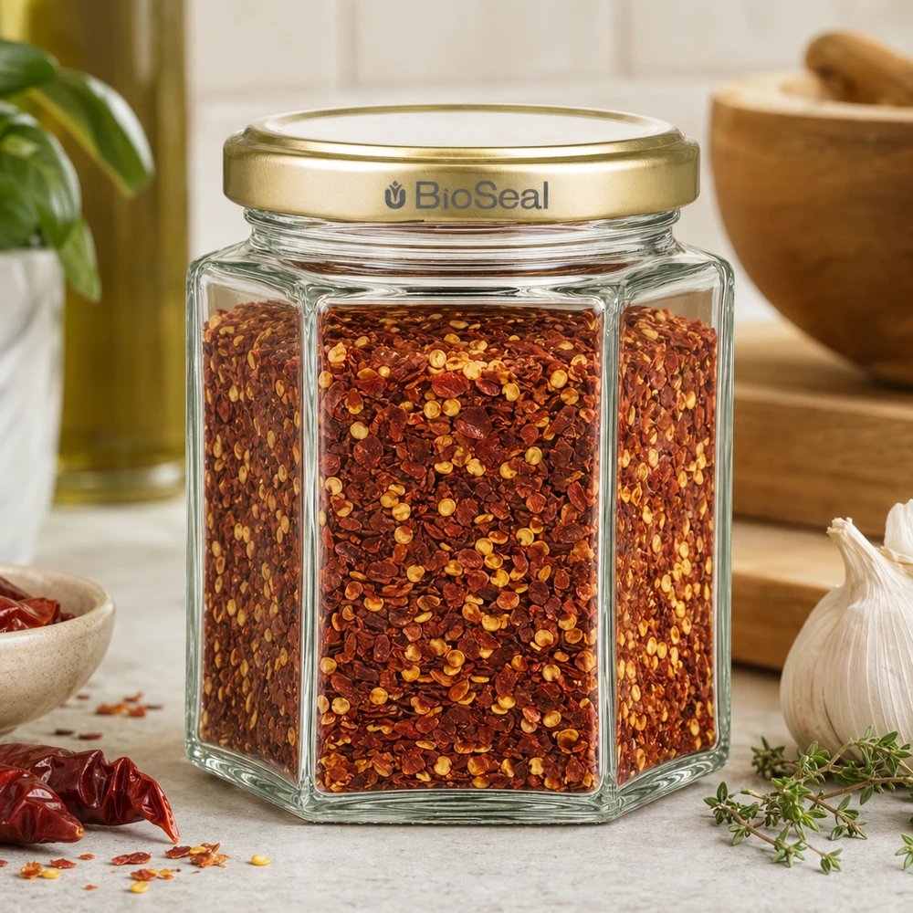 250g Honigglas hexagonal mit Chili-Gewürzmischung befüllt goldener BioSeal Deckel Küchenambiente mit Knoblauch Thymian