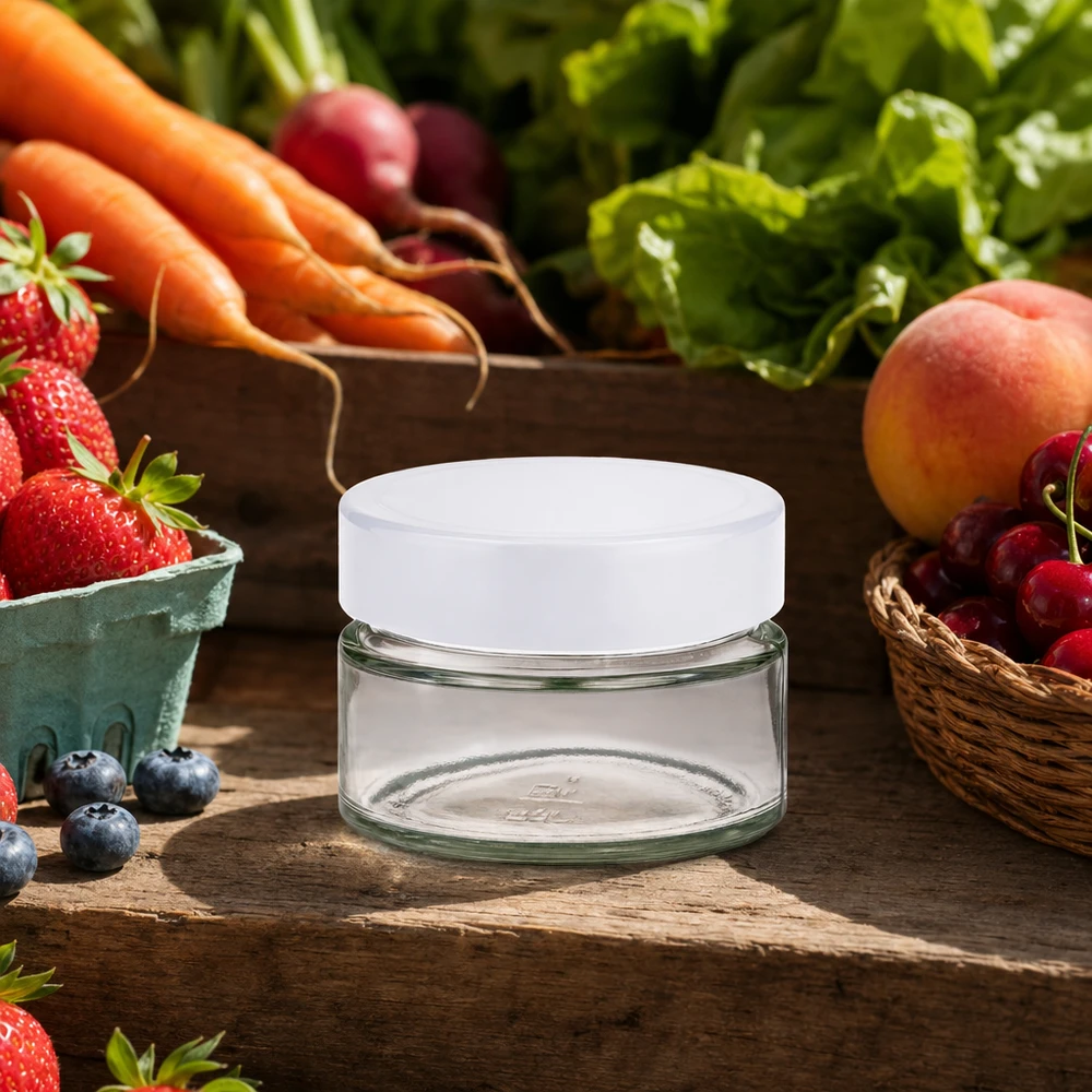 130ml Rundglas UNiTWIST BasicSeal weiß in natürlicher Küchenumgebung mit frischem Obst und Gemüse