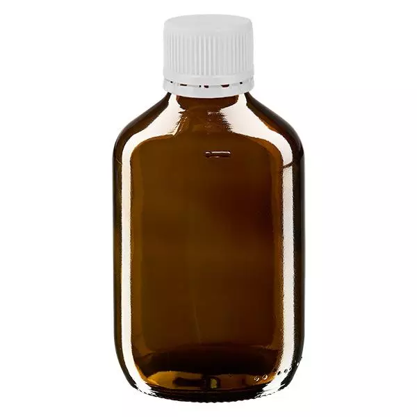 200ml Medizinflasche braun, Verschluss weiß mit Originalitätsring ApoGlas 200ml Medizinflasche braun, Verschluss weiß mit Originalitätsring ApoGlas