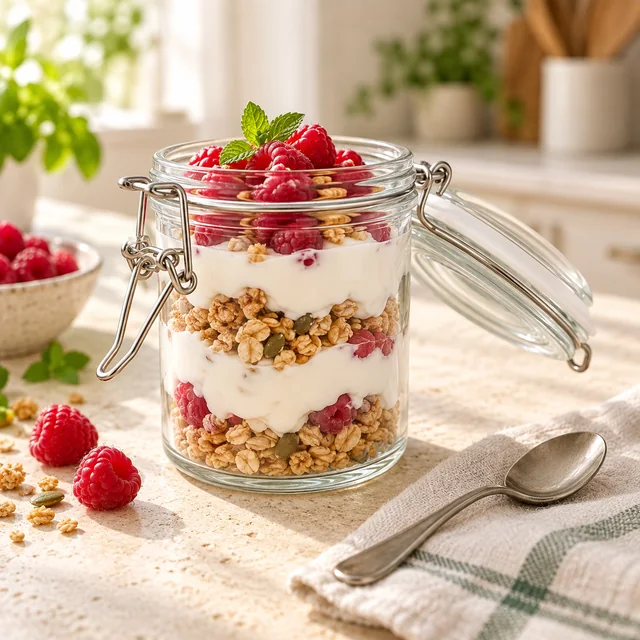 Offenes Bügelglas mit Joghurt, Granola und Himbeeren – illustriertes Beispiel