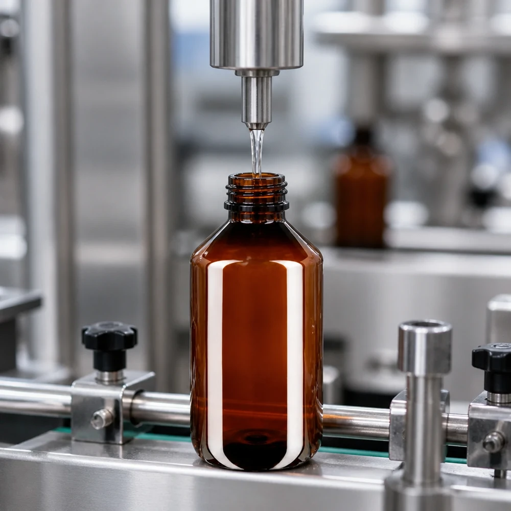 PET Flasche 500ml mit grünem Verschluss Originalitätsverschluss Serienfertigung brauner 500ml PET Flaschen mit grünem OV auf automatisierter Produktionsstraße