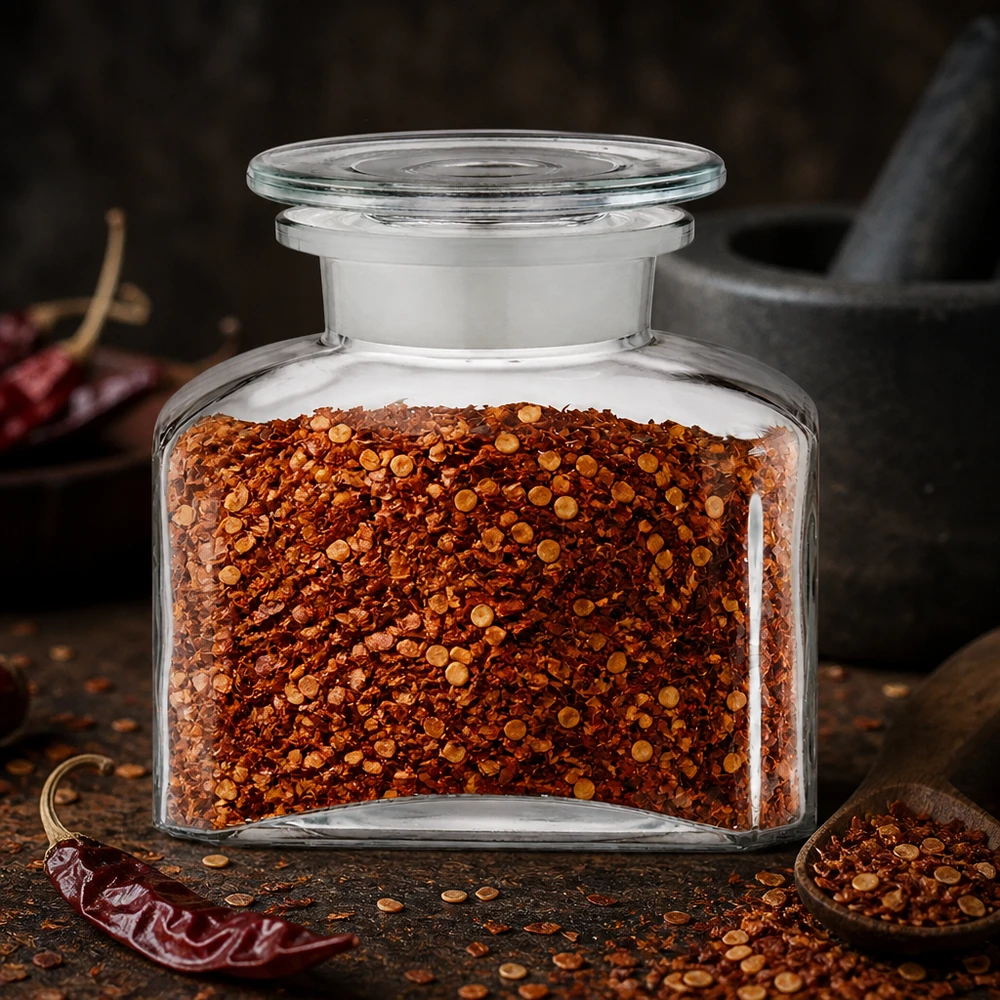Luftdichte Weithals-Apothekerflasche 150ml mit grob gemahlenem Chili und rundem Glasverschluss