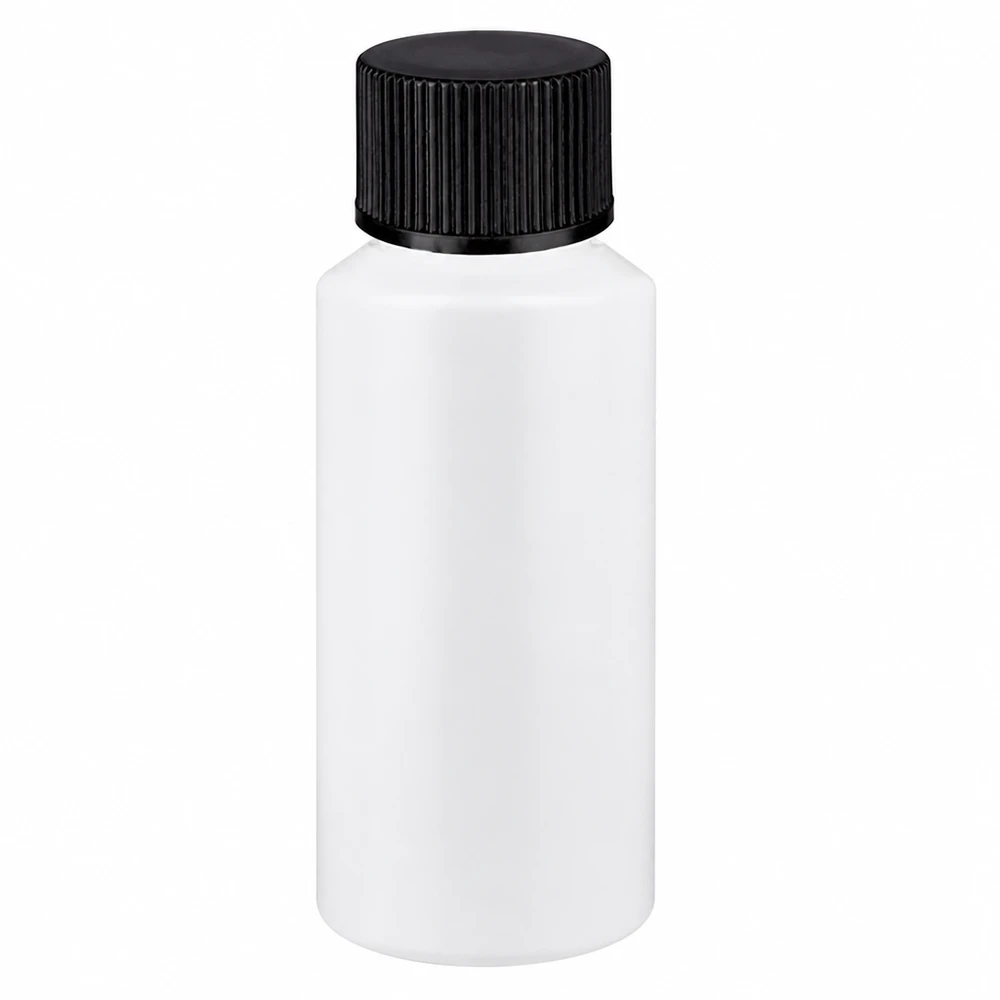 Apothekenflasche HDPE 30ml weiß, mit schwarzem Schraubverschluss Weiße Rundflasche HDPE 30ml mit schwarzem Schraubverschluss für Flüssigkeiten und Pulver