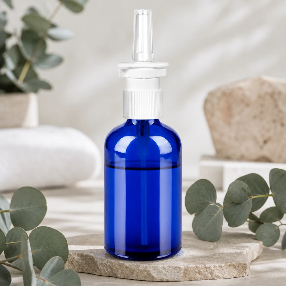 100ml Glasflasche BlueLine mit feinem Sprühnebel perfekt für nasale Medikamente und Pflege