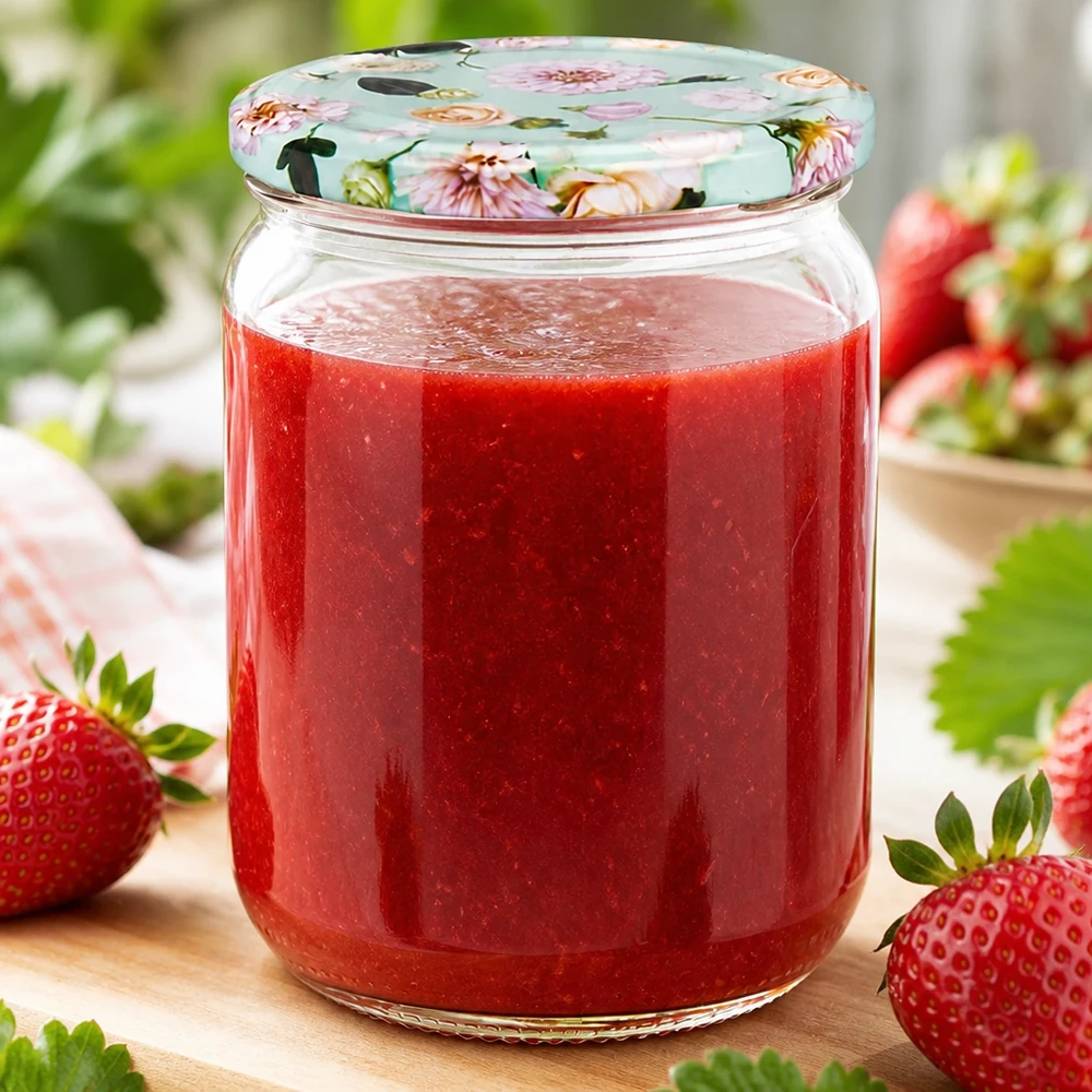 555ml Rundglas mit Erdbeermus auf Holzbrett frische Erdbeeren ringsum mintgrüner Deckel Blume