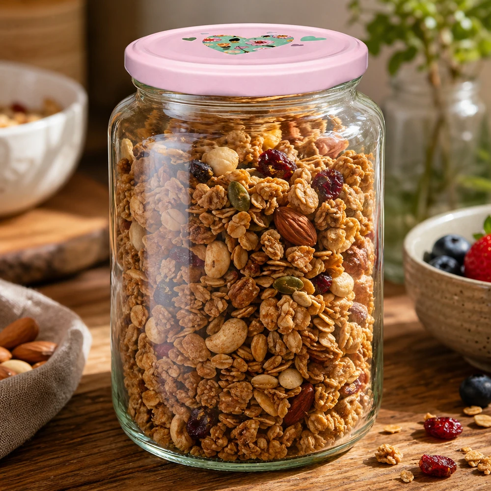 Rundglas 795ml mit rosa Herzdeckel gefüllt mit Müsli Nüssen und Trockenfrüchten als praktisches Vorratsglas für Küche