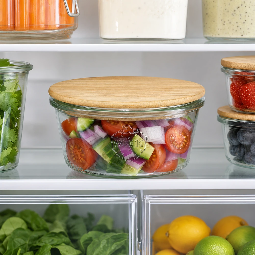 WECK Sturzglas 290ml RR100 mit Bambus-Holzdeckel im Kühlschrank, gefüllt mit frischem Salat, optimale Aufbewahrung