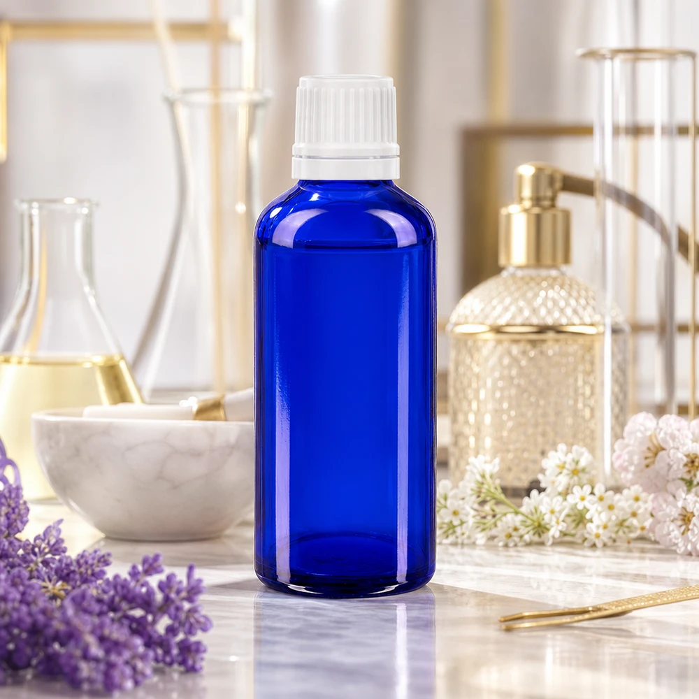 Blaue 50ml Pharmaglasflasche mit weißem Originalverschluss und 0,7mm Tropfeinsatz