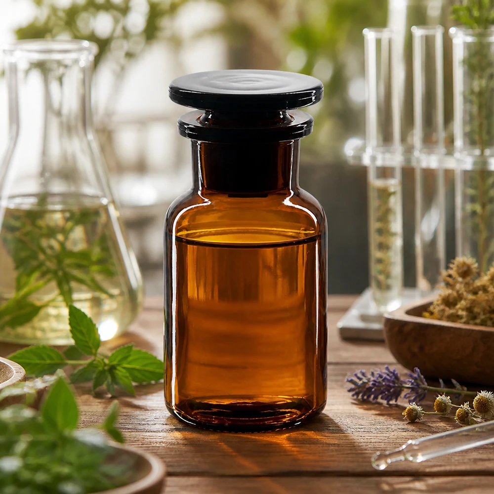 Klassische Pharmaflasche 100ml braun Weithals mit Glasstopfen neben Laborgeräten