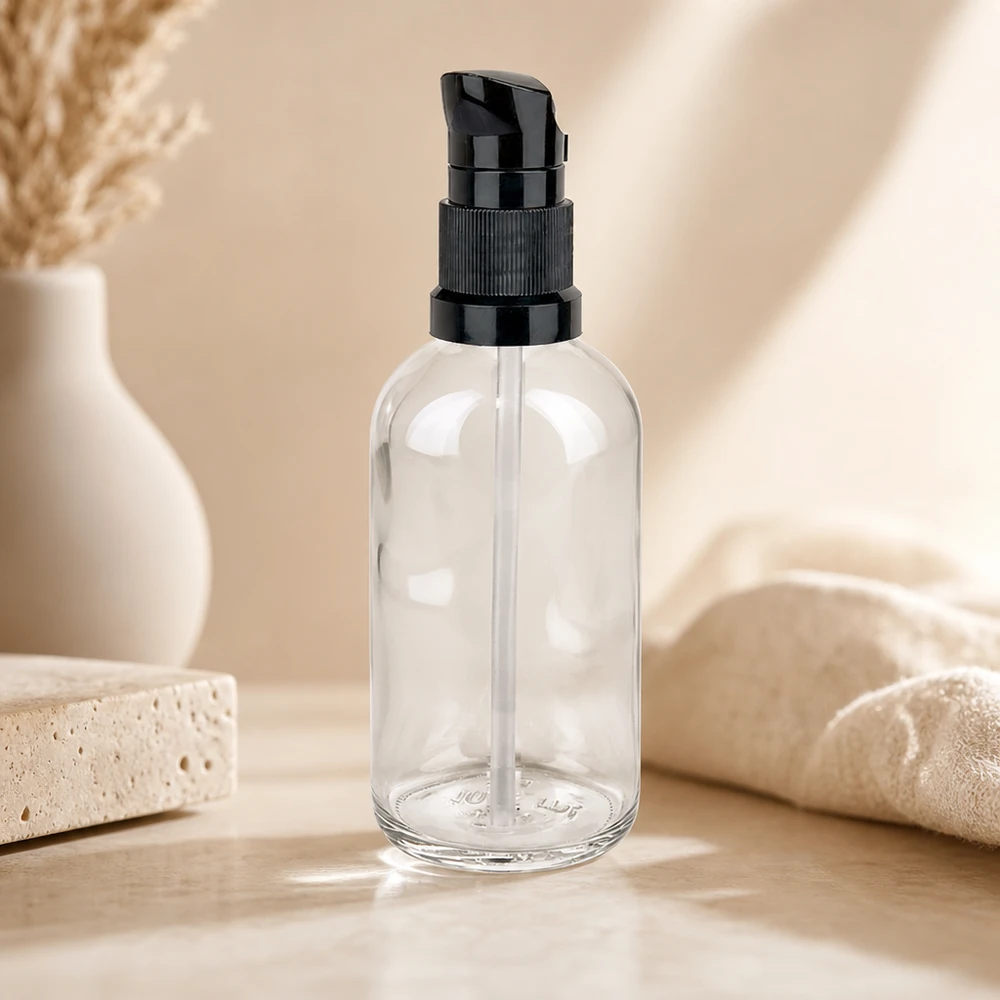 Klarglas Dosierflasche 100ml ClearLine schwarzer Pumpverschluss runder Flaschenkörper leer