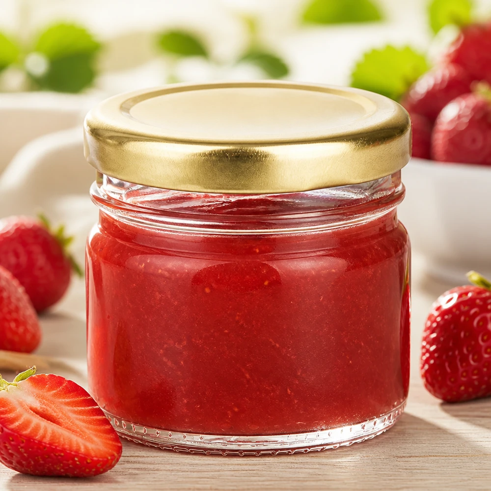 Kompaktes 33ml Einmachglas BasicSeal Golddeckel mit Erdbeermarmelade umgeben von frischen Erdbeeren