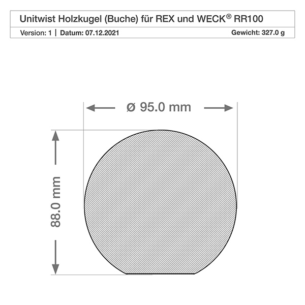 850ml Sturzglas WECK RR100 mit Holzkugel Buche Technische Zeichnung der Buchenholzkugel für WECK RR100 Glas mit Maßangaben 95mm Durchmesser und 88mm Höhe