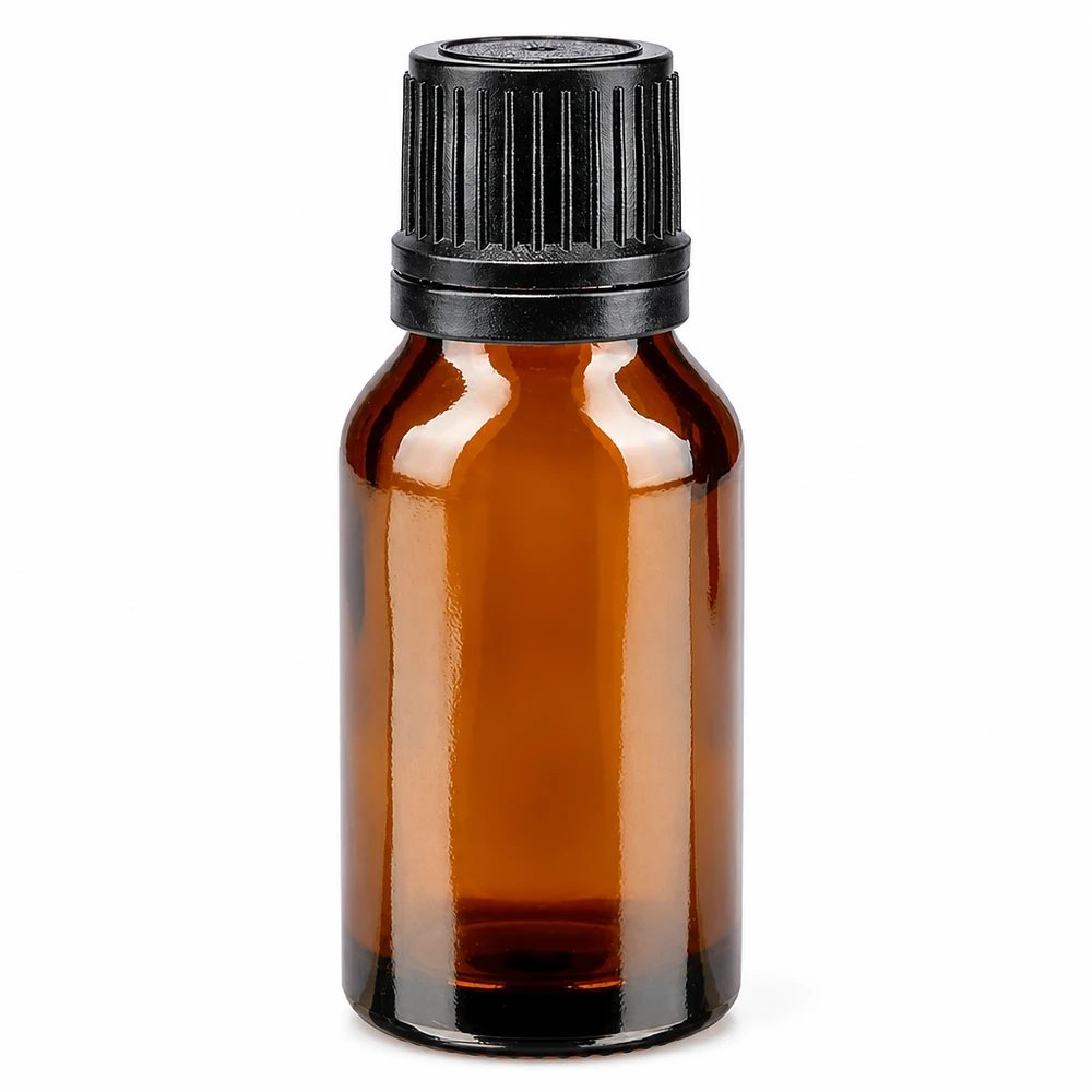 Braune Medizinflasche 15ml mit schwarzem Schraubverschluss und 1mm Tropföffnung