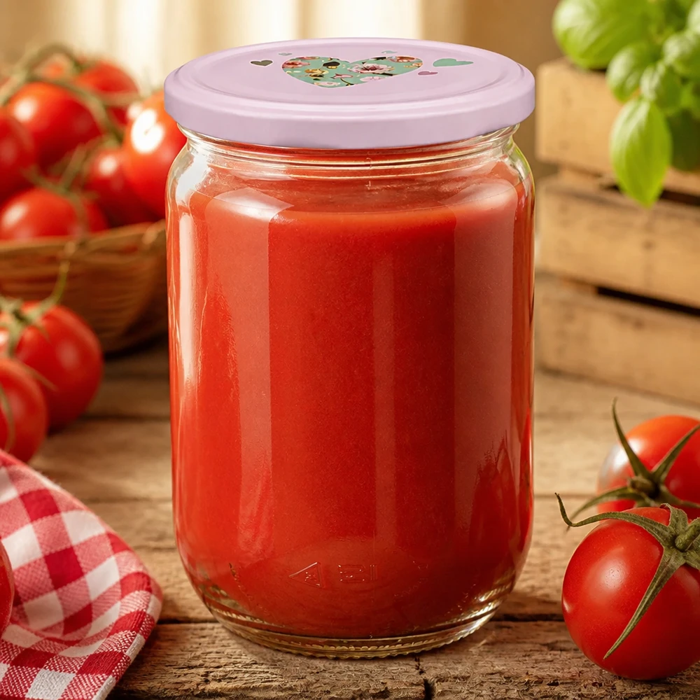 Hausgemachte Tomatensoße in 555ml Rundglas mit rosa BasicSeal Deckel und Blumenmuster Herzmotiv