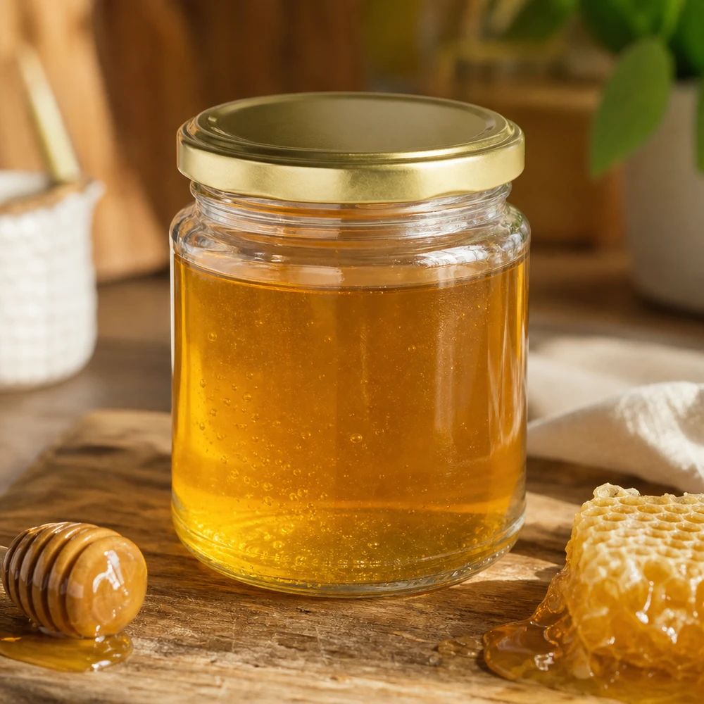 212ml Rundglas UNiTWIST mit goldenem Deckel gefüllt mit Honig neben Honigwaben und Honiglöffel auf Holzbrett