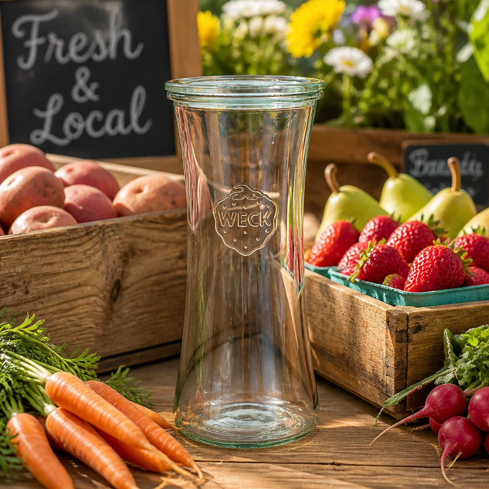 WECK Delikatessenglas 700ml RR80 zwischen frischem Obst und Gemüse auf rustikalem Holztisch - Einmachglas für lokale Pro