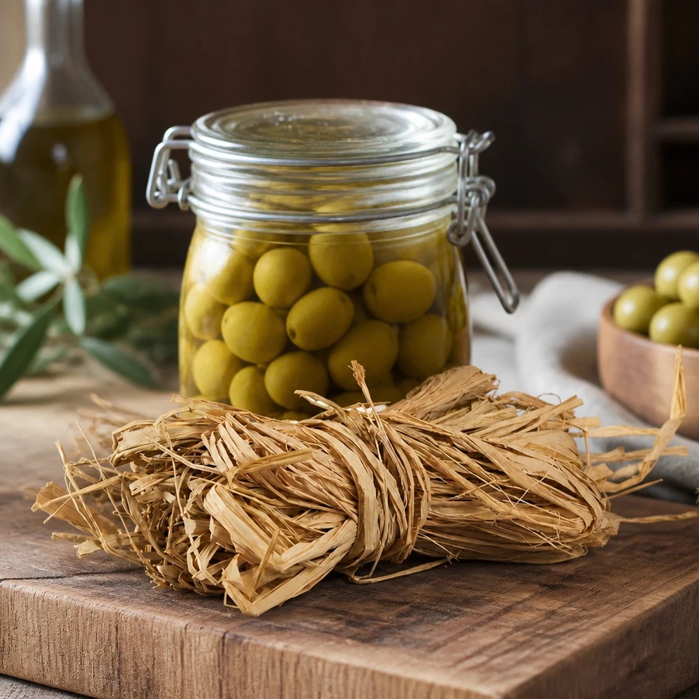Naturbast zum Dekorieren 30g Naturbast 30g in goldbeiger Farbe auf Holzbrett arrangiert zeigt vielseitige Verwendung für Dekoration und Basteln