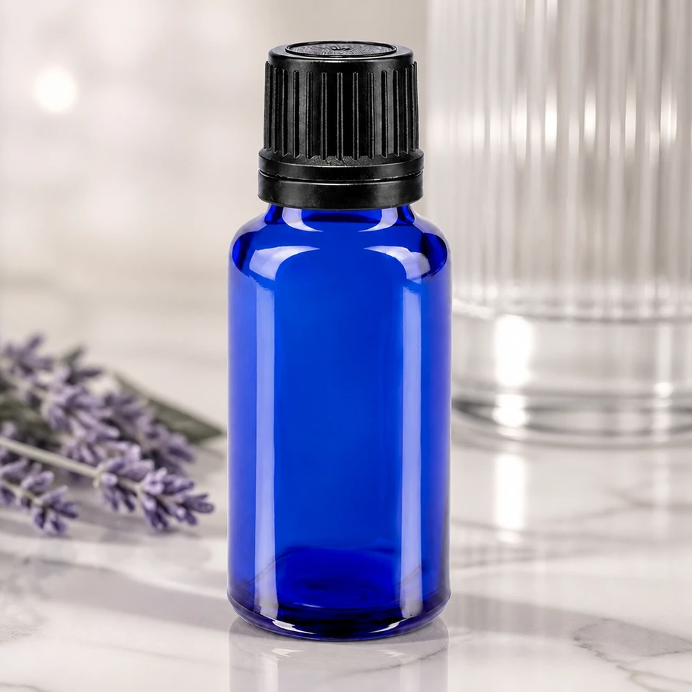 Apothekenflasche blau 20ml Schraubverschluss schwarz Giessring Originalitätsverschluss UV-schützendes blaues Apothekerglas 20ml mit schwarzem Sicherheitsverschluss 8mm Öffnung