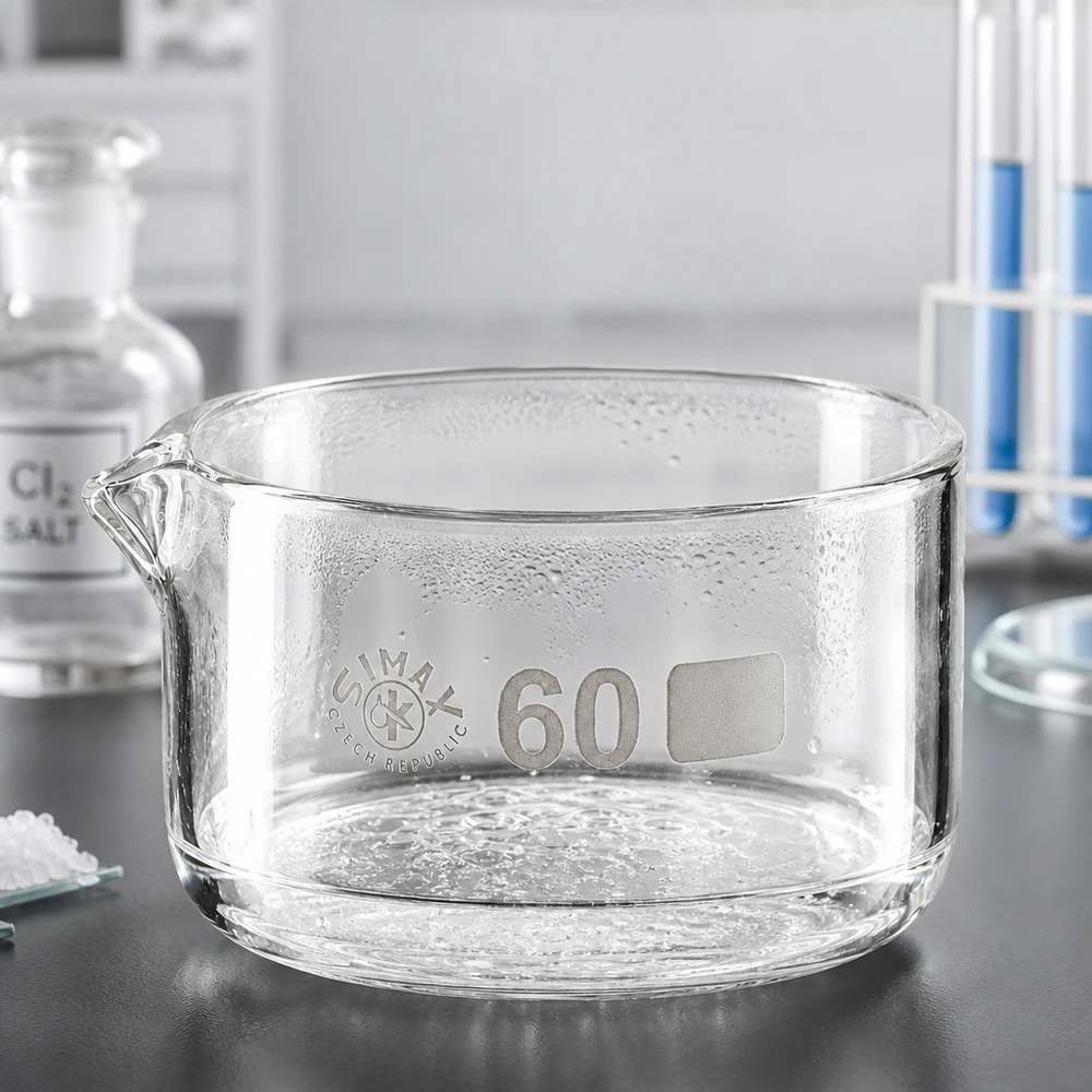 60ml Kristallisierschale mit Ausguss Borosilikat ø60mm Kristallisierschale 60mm Durchmesser flach Glas Simax Tschechien Ausguss Laborausstattung 60ml