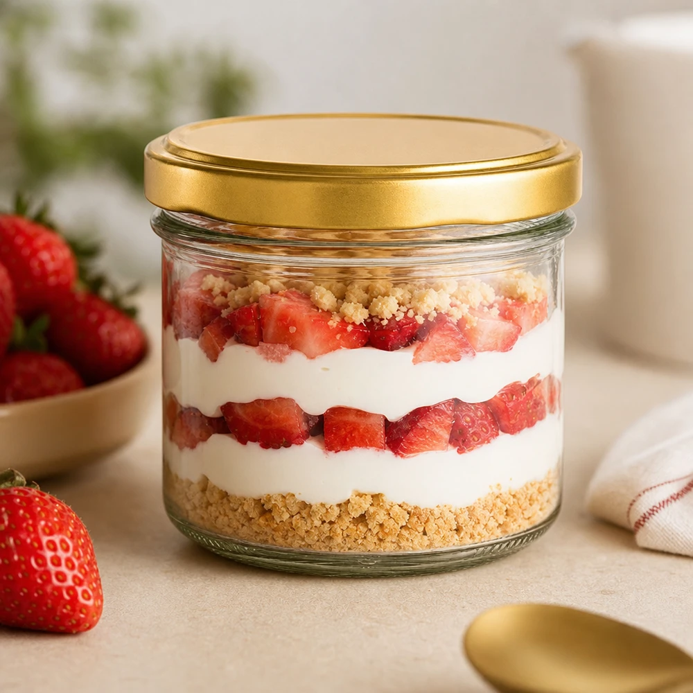 225ml Sturzglas UNiTWIST gold mit BasicSeal Deckel als Dessertglas für Erdbeertrifle mit Sahne und Keksboden