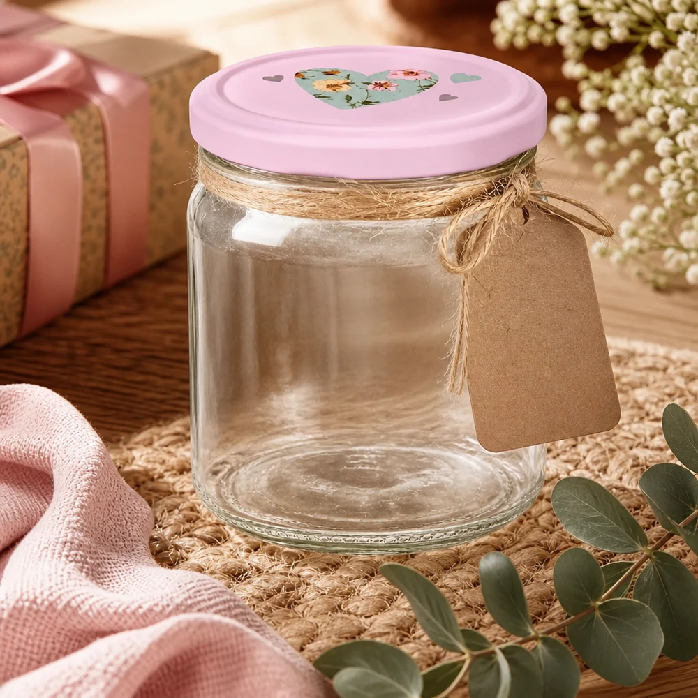 408ml Rundglas mit rosa BasicSeal Herz-Deckel als Geschenkidee mit Juteschnur und Anhänger dekoriert