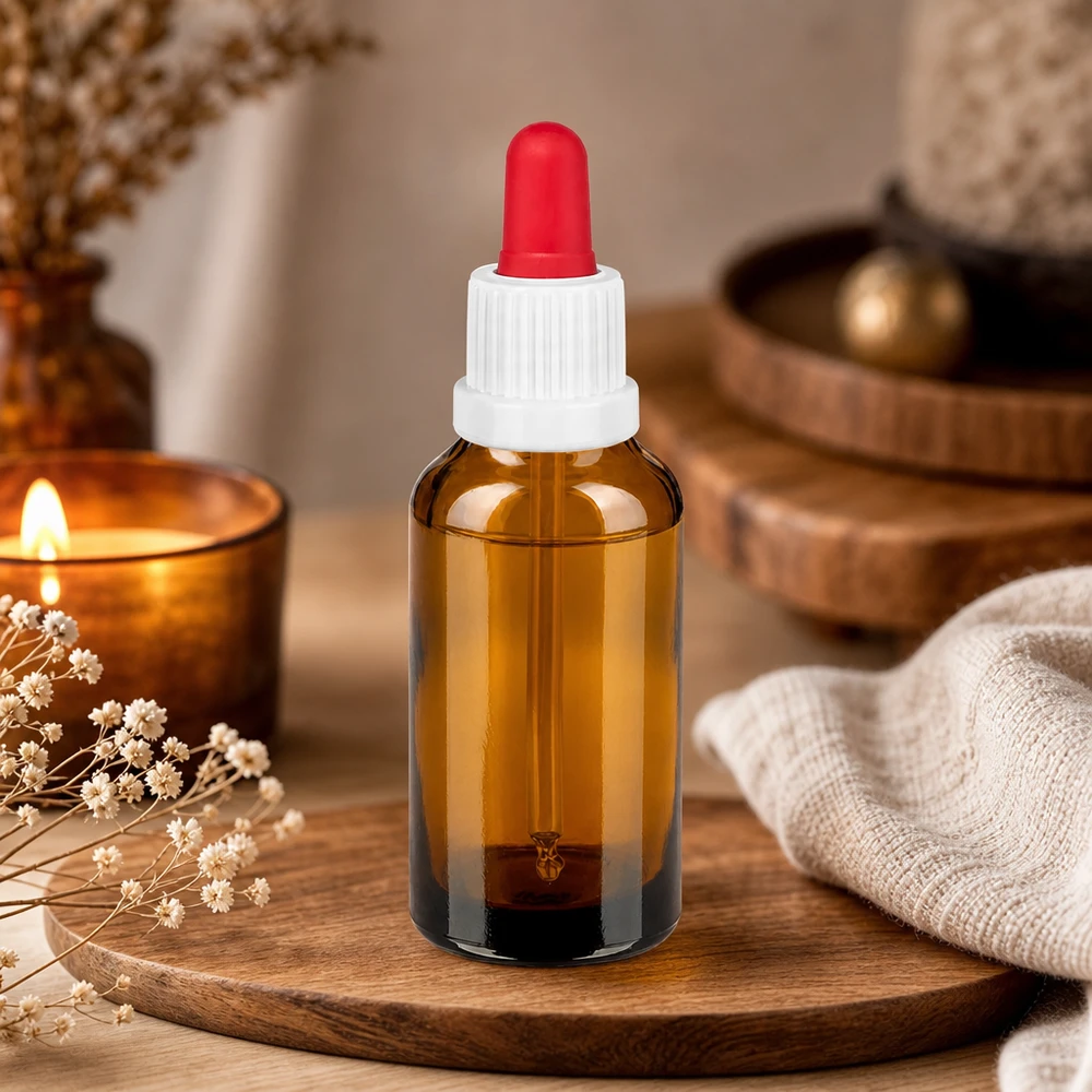 Elegante Braunglasflasche 30ml mit weißem Verschluss für stylische Aufbewahrung von Beauty-Produkten