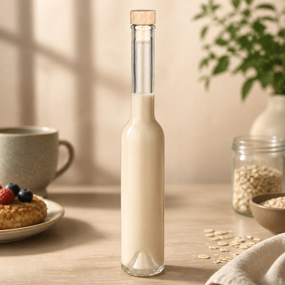 200ml Glasflasche "Hugo" mit Holzgriff-Korken UNiTWIST 200ml Glasflasche Hugo mit Mandelmilch in gemütlicher Küche mit Haferflocken und Backwaren Lifestyle-Szene