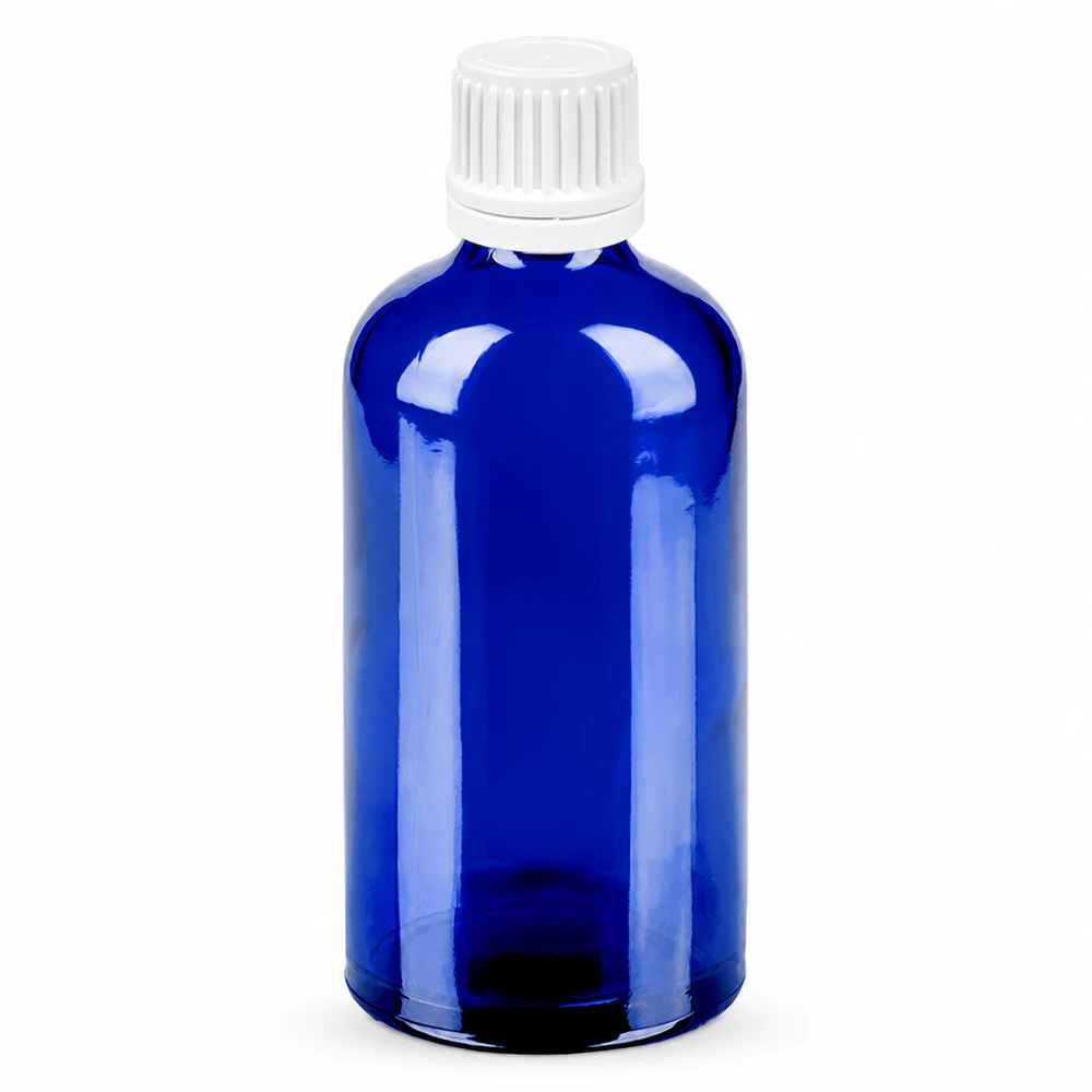 Blauglas Flasche 100ml für ätherische Öle mit weissem Verschluss 11mm SV