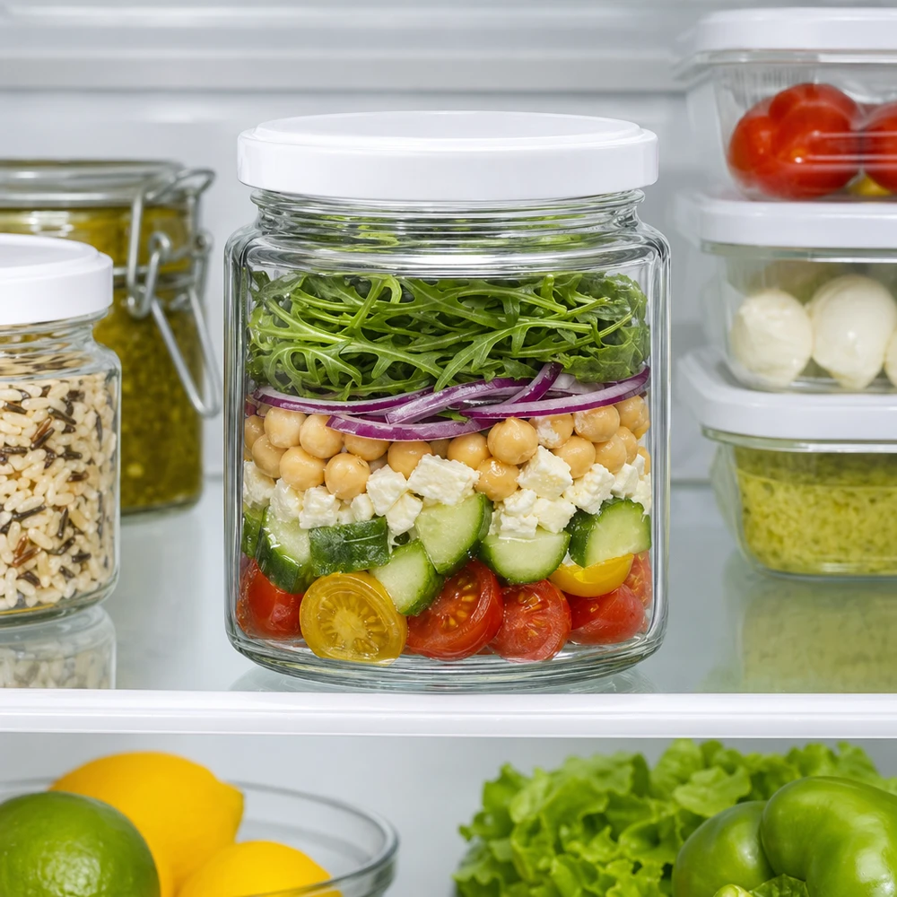 350g Honigglas + BasicSeal Deckel weiß UNiTWIST 250ml Honigglas im Kühlschrank als Meal-Prep Behälter für Schichtsalat mit BasicSeal Deckel UNiTWIST