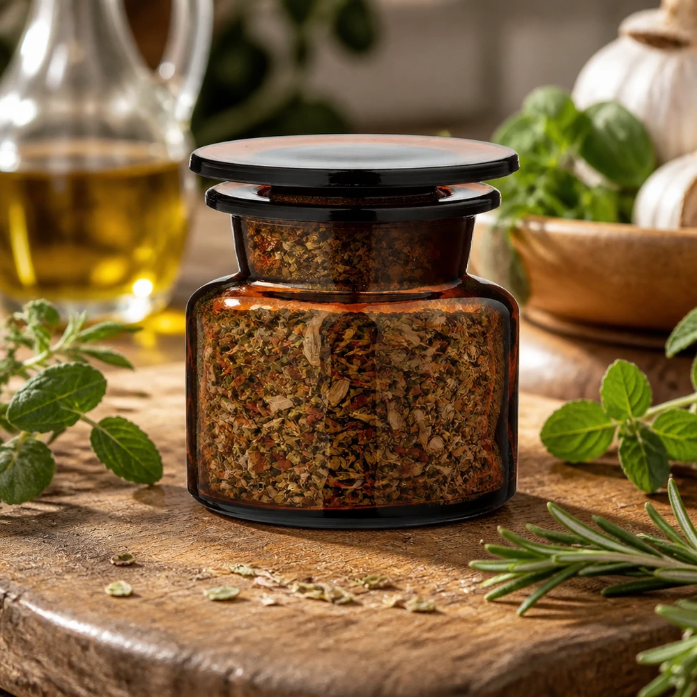 Weithals Apothekerglas Braunglas 50ml mit gemischten Trockengewürzen und Minzblättern