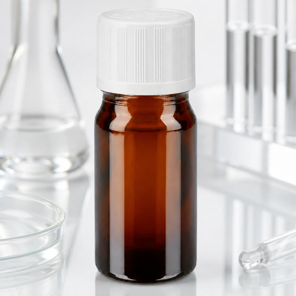 Apothekenflasche braun 5ml Tropfverschluss weiß Kindersicherung Standard Kompakte 5ml Braunglas-Tropfflasche mit Standard KiSi Verschluss weiß und 1,2mm Dosieröffnung