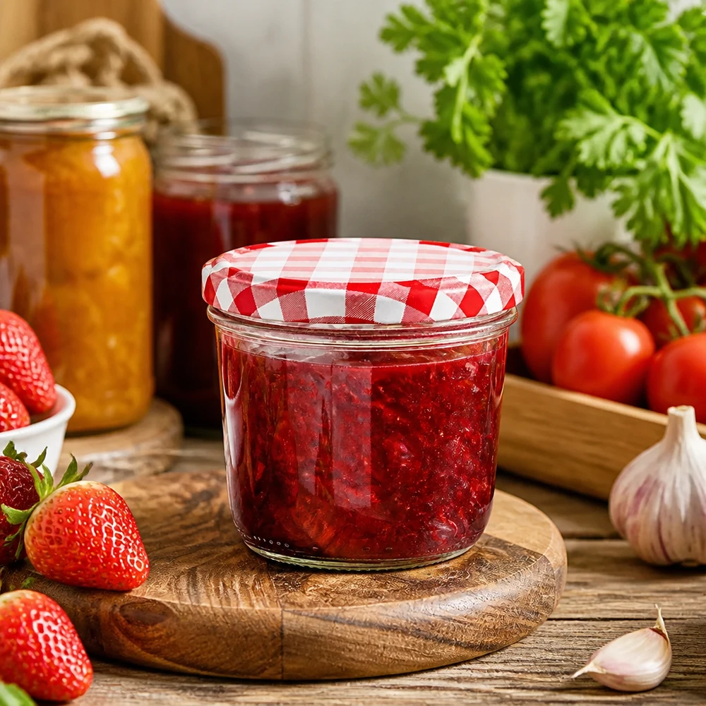 230ml Sturzglas + BasicSeal Deckel rot/weiß UNiTWIST Sturzglas 230ml in Küchenszene mit Erdbeermarmelade gefüllt und BasicSeal Deckel rot-weiß kariert
