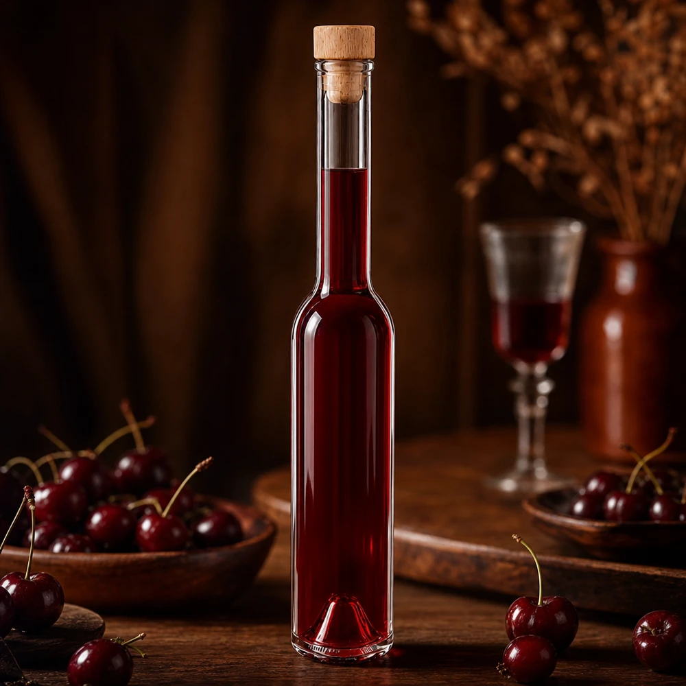 Glasflasche Hugo 200ml mit Kirschlikör gefüllt - edle Geschenkflasche mit Holzkorken in gemütlicher Atmosphäre