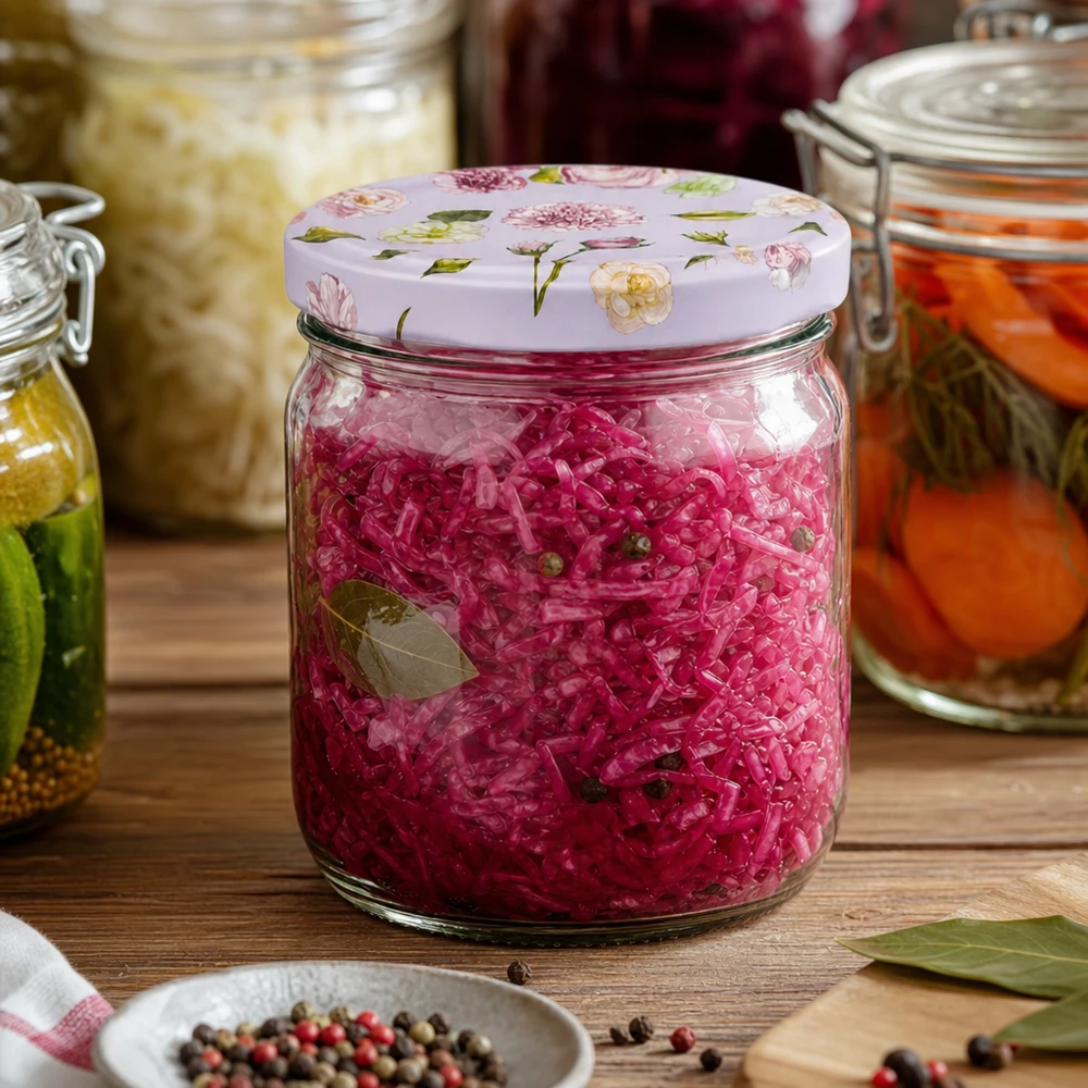 425ml Rundglas + BasicSeal Deckel Blume rosa UNiTWIST 425ml Rundglas mit rosa Blumendeckel gefüllt mit fermentiertem Rotkohl zwischen Gewürzen zeigt Konservierung