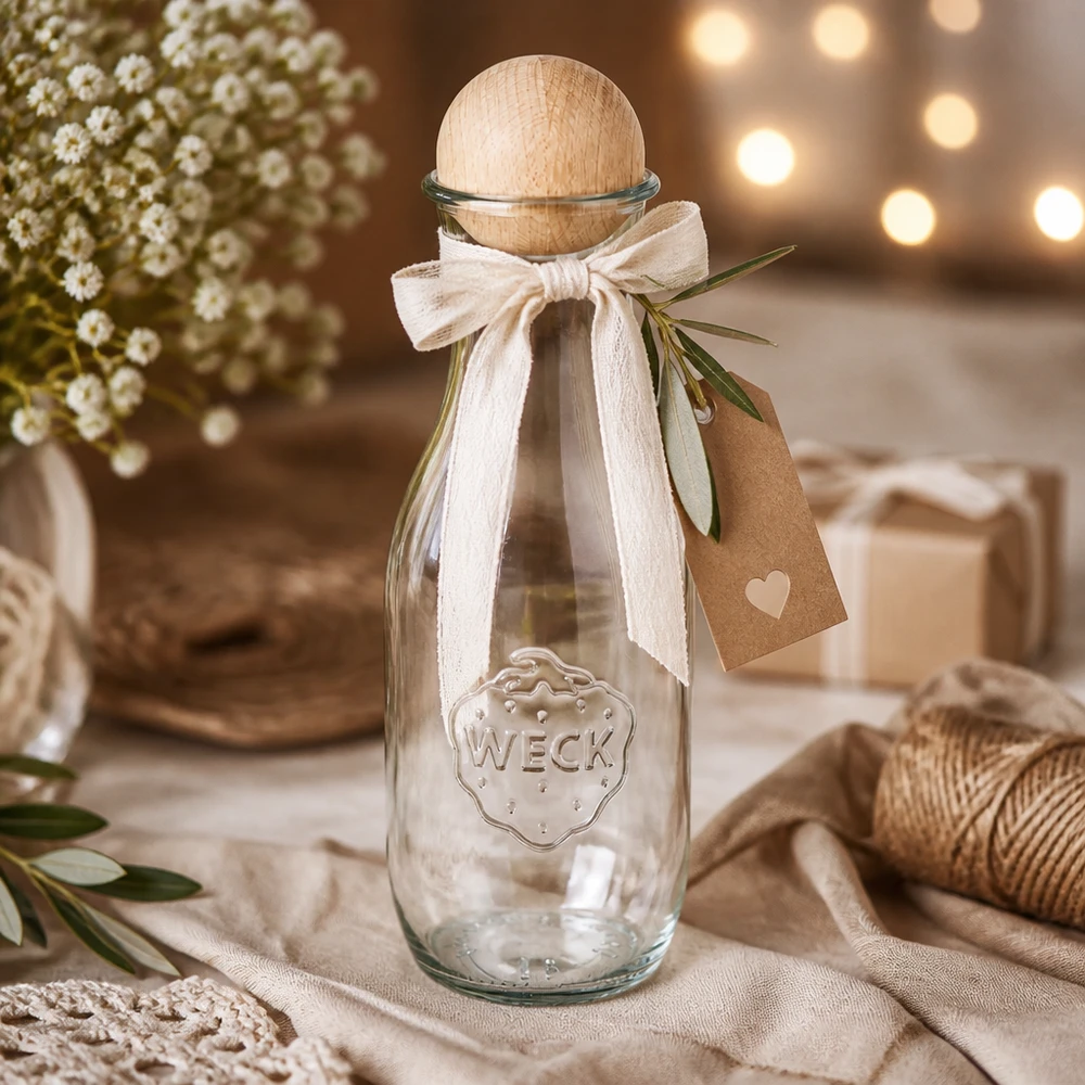 1062ml Saftflasche WECK RR60 mit Holzkugel Buche WECK Saftflasche 1062ml RR60 als Geschenk dekoriert mit weißer Schleife Kraftpapier-Anhänger und Olivenzweig