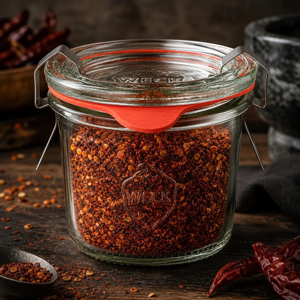 80ml Sturzglas mit Chilipulver und Kernen ideal zur Aufbewahrung scharfer Gewürze