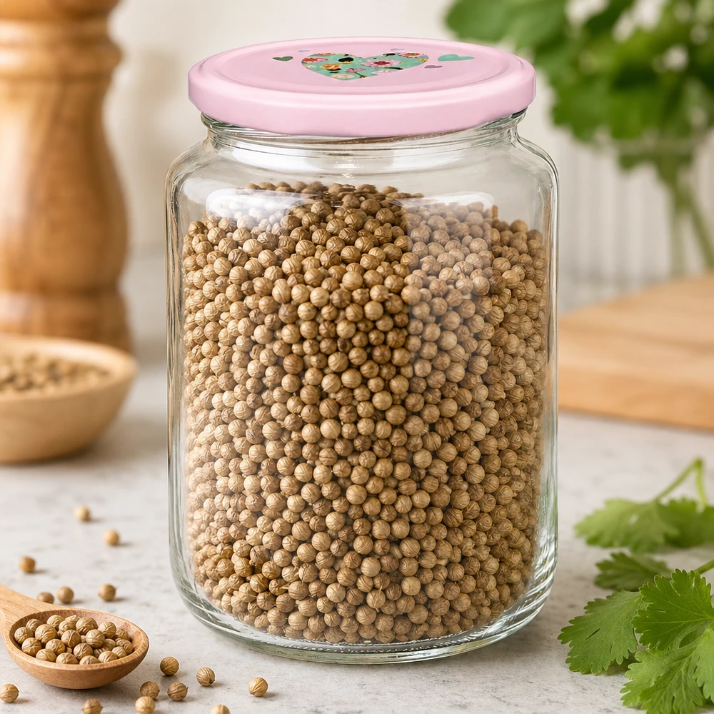 Rundglas 795ml mit rosa Herzdeckel gefüllt mit Koriandersamen Gewürzaufbewahrung Vorratsglas für Küchenkräuter