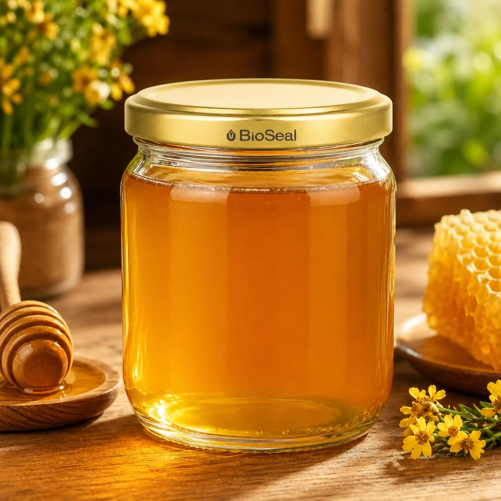 500g BioSeal Honigglas mit goldenem Deckel gefüllt mit Honig neben Bienenwabe und Honiglöffel auf Holztisch