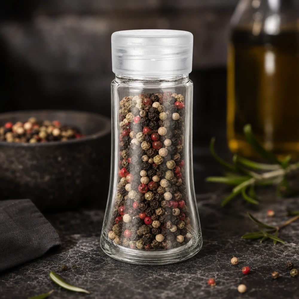 Salz-/Gewürzglas 95ml mit Streuer weiss Mehrfarbige Pfefferkörner im bauchigen 95ml Glasgefäß mit weißem Streueraufsatz auf Schiefer