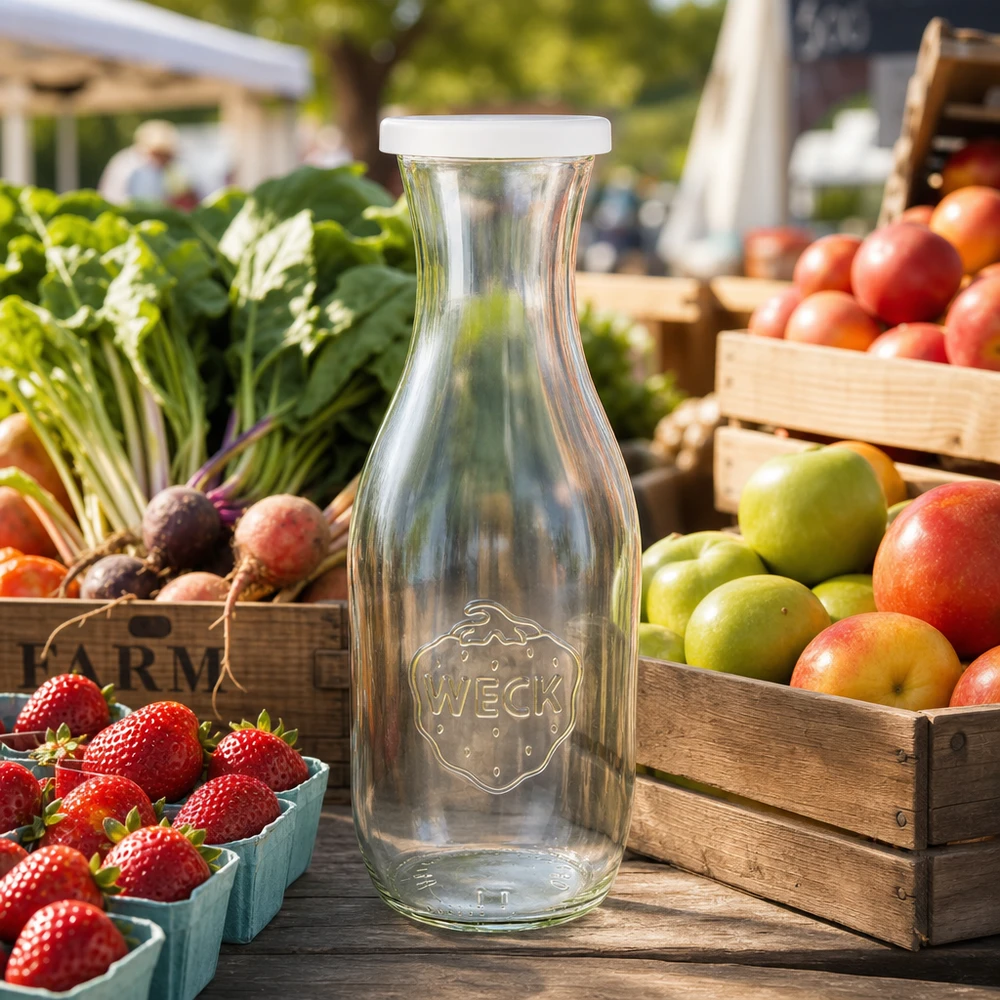 1062ml Saftflasche mit Frischedeckel WECK RR60 WECK Saftflasche 1062ml mit weißem Deckel auf Bauernmarkt zwischen frischem Obst und Gemüse in Holzkisten