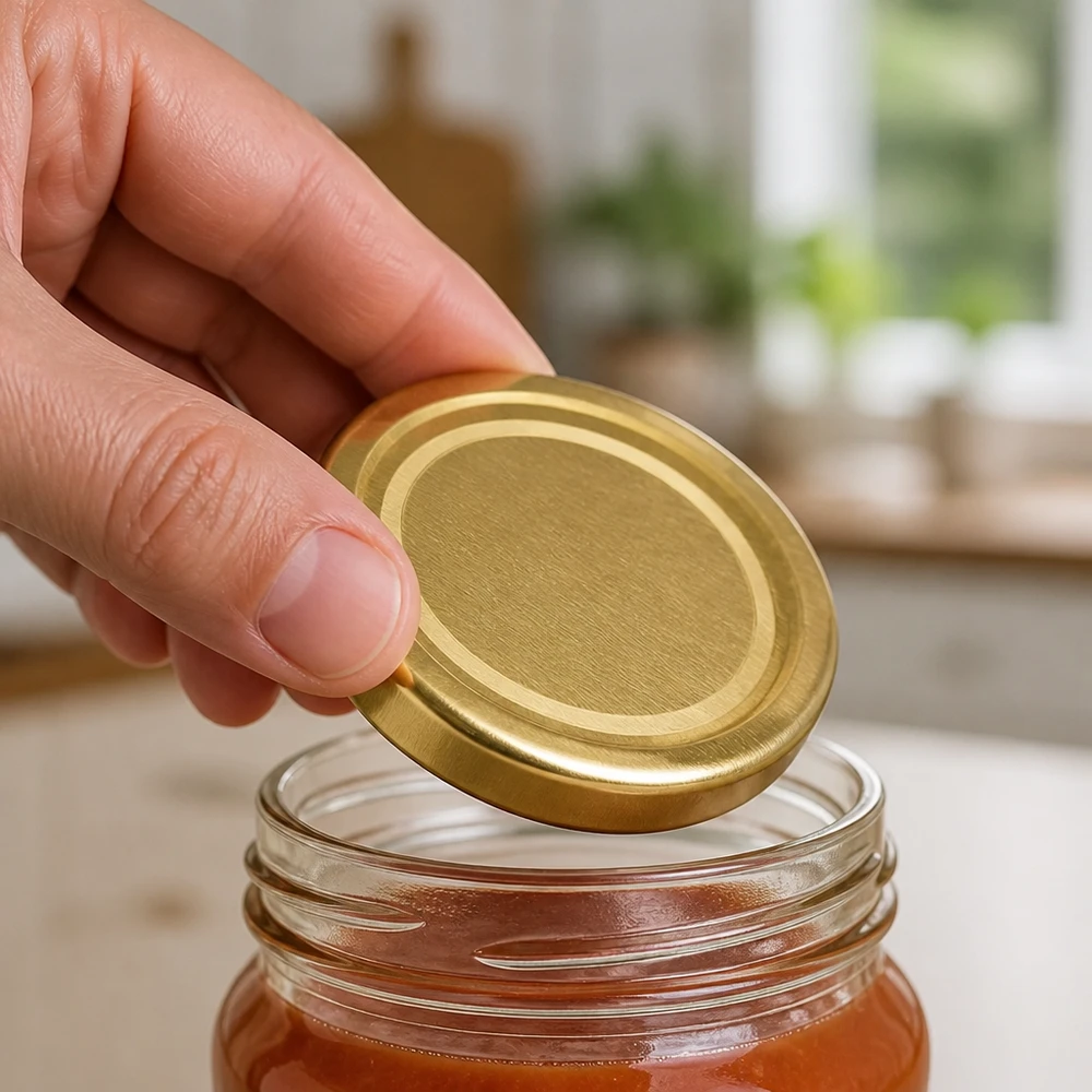 Goldener 58mm Deckel BasicSeal TO58deep UNiTWIST für Gläser mit rotem Inhalt